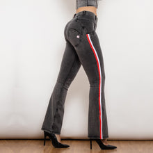 Load image into Gallery viewer, 81011GMJFS Shascullfites Melody Mid Waist Dark Thread Grey Flare Jeans with Stripe
