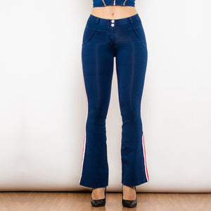 81005DBMJFS Shascullfites Melody Mid Waist Dark Thread Blue Flare Jeans with Stripe