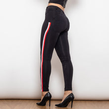 Load image into Gallery viewer, 823MWDBlackJS Shascullfites Melody Middle Waist Dark Thread Black Jeans with White&amp;Red Stripe