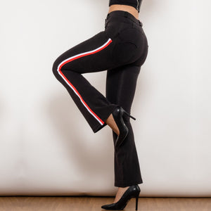 81009BMJFS Shascullfites Melody High Waist Dark Thread Light Blue Flare Jeans with Stripe