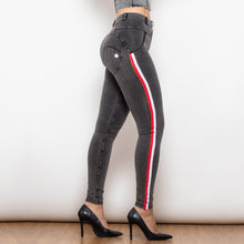 Load image into Gallery viewer, 825MWDGreyJS Shascullfites Melody Middle Waist Dark Thread Grey Jeans with Stripe