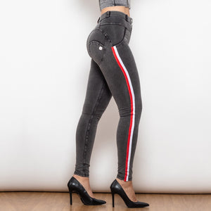 825MWDGreyJS Shascullfites Melody Middle Waist Dark Thread Grey Jeans with Stripe