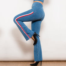 Load image into Gallery viewer, 301831WLBSFLJB Shascullfites Melody Light Blue Striped Flared Lift Jeggings Button Up