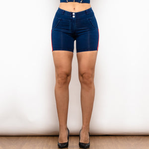 40865MBlueLJSS Shascullfites Melody Middle Waist Dark Thread Dark Blue Jeans with Stripe