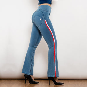 81006LBHJFS Shascullfites Melody High Waist Dark Thread Light Blue Flare Jeans with Stripe