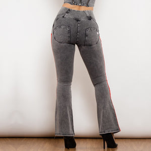 81010GHJFS Shascullfites Melody High Waist Dark Thread Grey Flare Jeans with Stripe