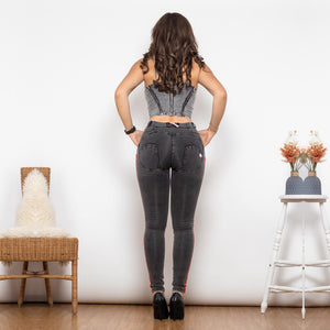 T825 Shascullfites Melody Shaper Set Middle Waist Dark Thread Grey Jeans with Stripe Jeans Set Sexy Lift Denim Pants 2 Pieces Set