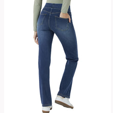 Load image into Gallery viewer, Shascullfites Pull on Tummy Control High Waisted Multiple Pockets Dark Blue Washed Stretchy Knit Casual Bootcut Jeans