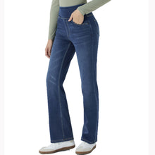 Load image into Gallery viewer, Shascullfites Pull on Tummy Control High Waisted Multiple Pockets Dark Blue Washed Stretchy Knit Casual Bootcut Jeans