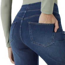 Load image into Gallery viewer, Shascullfites Pull on Tummy Control High Waisted Multiple Pockets Dark Blue Washed Stretchy Knit Casual Bootcut Jeans