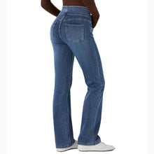 Load image into Gallery viewer, Shascullfites High-Waisted Bootcut Jeans Pull-On Tummy Control Multiple Pockets Blue Washed Stretchy Knit Casual Jeans