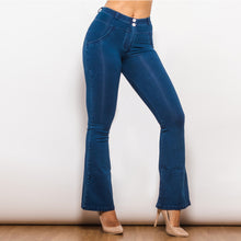 Load image into Gallery viewer, 1005DBMJF Shascullfites Mid Waist Dark Thread Blue Flare Jeans