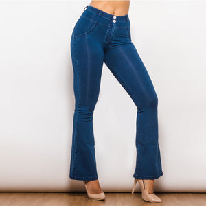 1005DBMJF Shascullfites Mid Waist Dark Thread Blue Flare Jeans