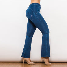Load image into Gallery viewer, 1005DBMJF Shascullfites Mid Waist Dark Thread Blue Flare Jeans