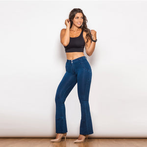 1005DBMJF Shascullfites Mid Waist Dark Thread Blue Flare Jeans