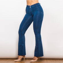 Load image into Gallery viewer, 1005DBMJF Shascullfites Mid Waist Dark Thread Blue Flare Jeans