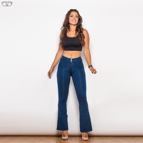 1005DBMJF Shascullfites Mid Waist Dark Thread Blue Flare Jeans