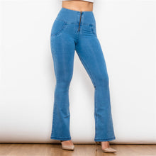 Load image into Gallery viewer, 1006LBHJF Shascullfites High Waist Dark Thread Light Blue Flare Jeans