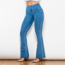 Load image into Gallery viewer, 1006LBHJF Shascullfites High Waist Dark Thread Light Blue Flare Jeans