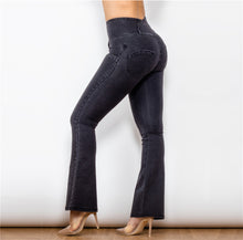 Load image into Gallery viewer, 1008BHJF Shascullfites High Waist Dark Thread Black Flare Jeans