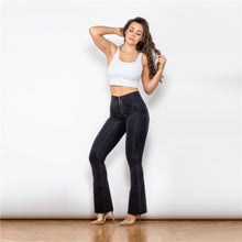 Load image into Gallery viewer, 1008BHJF Shascullfites High Waist Dark Thread Black Flare Jeans