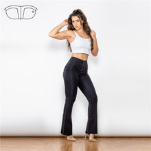 Load image into Gallery viewer, 1008BHJF Shascullfites High Waist Dark Thread Black Flare Jeans