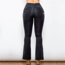 Load image into Gallery viewer, 1008BHJF Shascullfites High Waist Dark Thread Black Flare Jeans