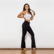 Load image into Gallery viewer, 1009BMJF Shascullfites Mid Waist Dark Thread Black Flare Jeans