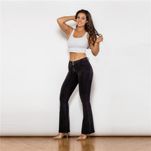 Load image into Gallery viewer, 1009BMJF Shascullfites Mid Waist Dark Thread Black Flare Jeans