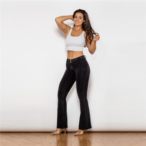 1009BMJF Shascullfites Mid Waist Dark Thread Black Flare Jeans