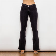 Load image into Gallery viewer, 1009BMJF Shascullfites Mid Waist Dark Thread Black Flare Jeans