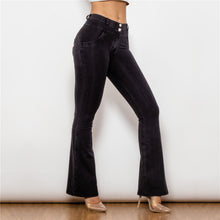 Load image into Gallery viewer, 1009BMJF Shascullfites Mid Waist Dark Thread Black Flare Jeans
