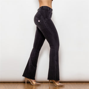 1009BMJF Shascullfites Mid Waist Dark Thread Black Flare Jeans
