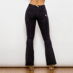 1009BMJF Shascullfites Mid Waist Dark Thread Black Flare Jeans
