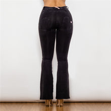 Load image into Gallery viewer, 1009BMJF Shascullfites Mid Waist Dark Thread Black Flare Jeans