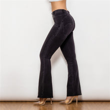 Load image into Gallery viewer, 1009BMJF Shascullfites Mid Waist Dark Thread Black Flare Jeans