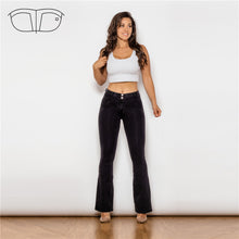Load image into Gallery viewer, 1009BMJF Shascullfites Mid Waist Dark Thread Black Flare Jeans
