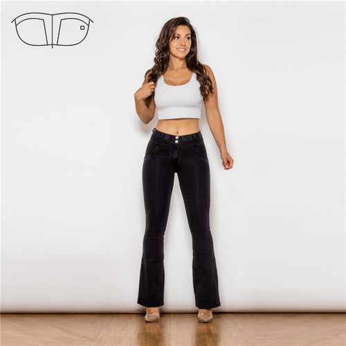 1009BMJF Shascullfites Mid Waist Dark Thread Black Flare Jeans