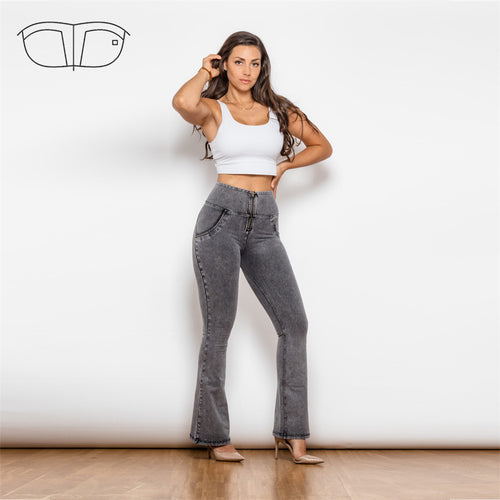 1010GHJF Shascullfites High Waist Dark Thread Grey Flare Jeans