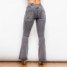 Load image into Gallery viewer, 1010GHJF Shascullfites High Waist Dark Thread Grey Flare Jeans