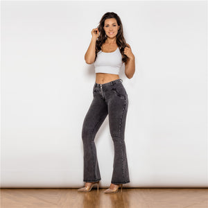 1011GMJF Shascullfites Mid Waist Dark Thread Grey Flare Jeans
