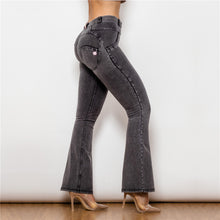 Load image into Gallery viewer, 1011GMJF Shascullfites Mid Waist Dark Thread Grey Flare Jeans