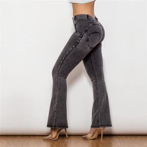 1011GMJF Shascullfites Mid Waist Dark Thread Grey Flare Jeans