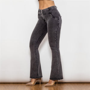 1011GMJF Shascullfites Mid Waist Dark Thread Grey Flare Jeans