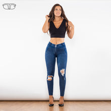 Load image into Gallery viewer, 96096BWRMLJ Shascullfites Blue Washed Ripped Middle Waist Ripped Blue Lifting Jeggings