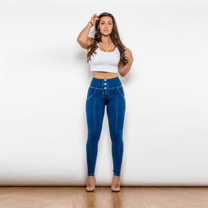 3027WDBLJB Shascullfites High Waist White Thread Dark Blue Jeans Button Style