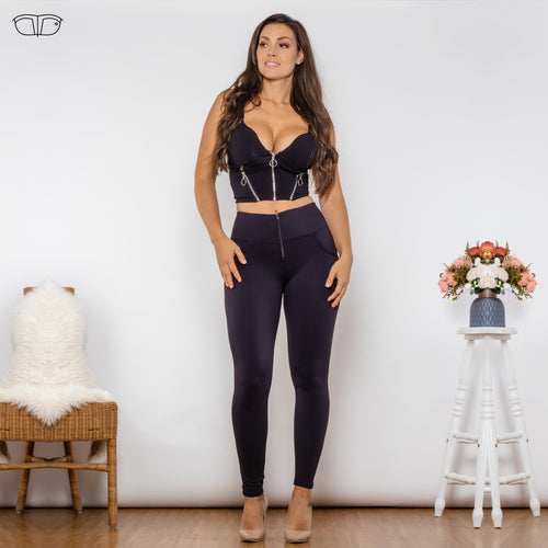 T2123 Shascullfites Melody Body Shaper Set Black Cotton Set Zipper Tanks Crop Top High Waist Black Butt Lift Leggings Pant Sets