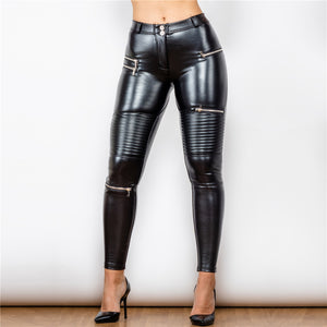 902MSBMLP Shascullfites Middle Waist Shinning MOTO Black Leather Leggings