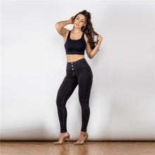 Load image into Gallery viewer, 3023BLJB Shascullfites High Waist Dark Thread Black Jeans Button Style