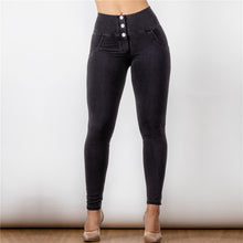Load image into Gallery viewer, 3023BLJB Shascullfites High Waist Dark Thread Black Jeans Button Style